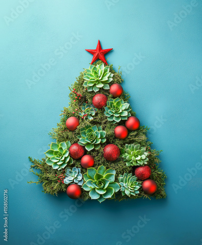 A creatively made Christmas tree from cacti and succulents with red baubles, against a solid icy blue background in the spirit of New Year