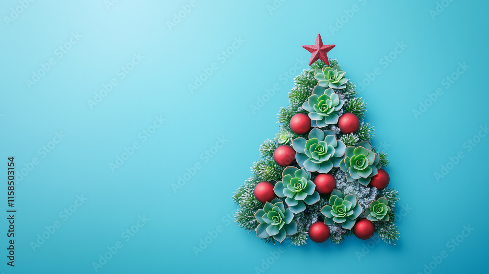 Fototapeta premium A creatively made Christmas tree from cacti and succulents with red baubles, against a solid icy blue background in the spirit of New Year