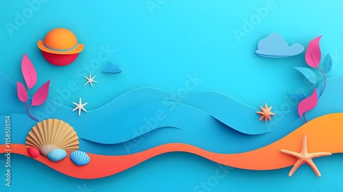 Vibrant summer background featuring sunhat, seashells, and starfish near gentle waves