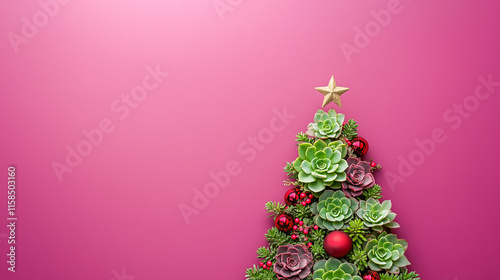 A creatively made Christmas tree from cacti and succulents with red baubles, against a solid soft pink background in the spirit of New Year
