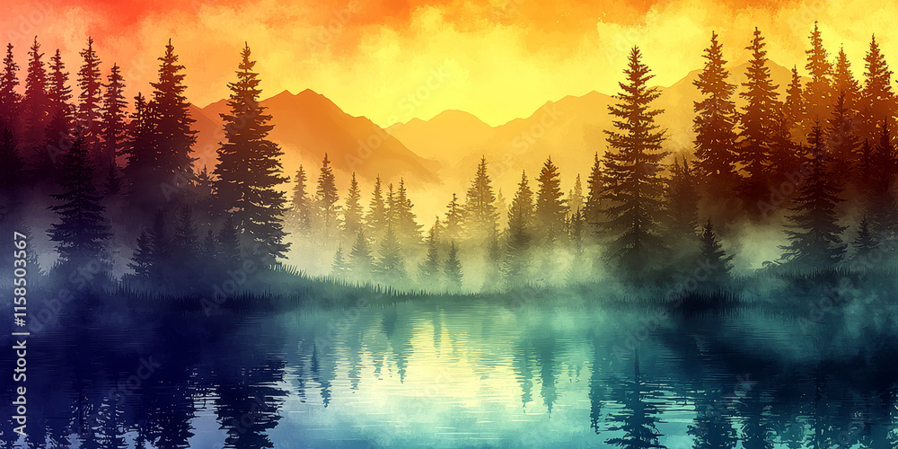 Serene Lake with Pines at Sunrise Serene Lake with Pines at Sunrise