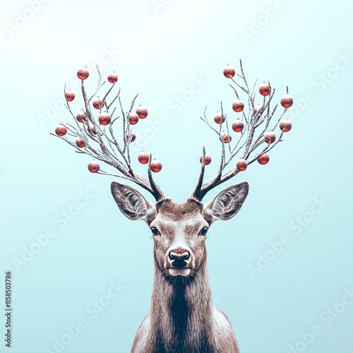 A creative portrait of a deer with large antlers decorated with Christmas baubles in the spirit of New Year, standing against a solid icy blue background