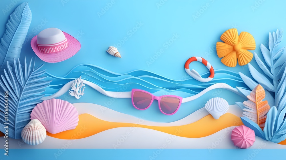 Oceanfront still life with hats, seashells, sunglasses, and sand under bright sky Oceanfront still life with hats, seashells, sunglasses, and sand under bright sky