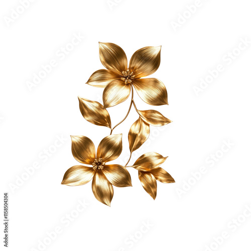 Luxurious Golden Floral Branch Elegant 3D Render of Gold Flowers and Leaves on White Background