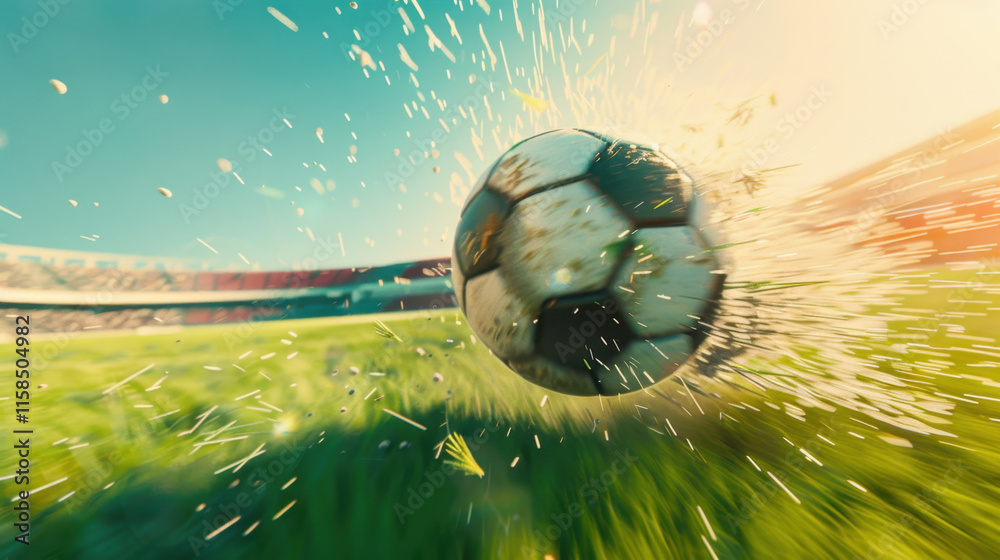 Fototapeta premium Powerful Soccer Ball Strike on Grass Field