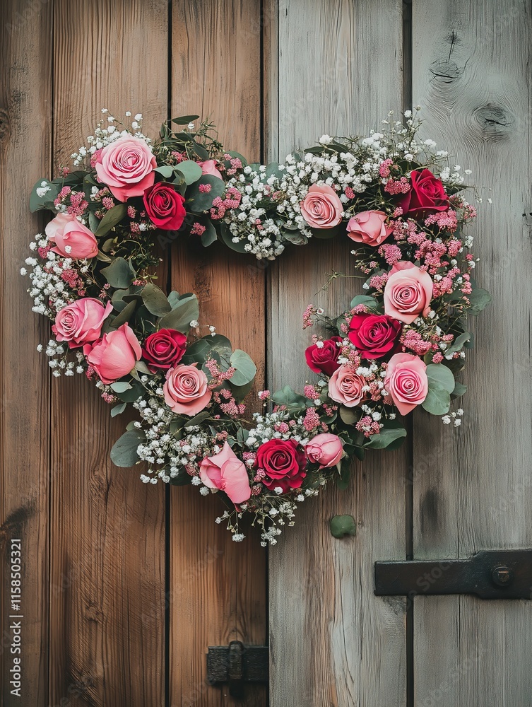Heart Shaped Rose Wreath on Rustic Wooden Door
