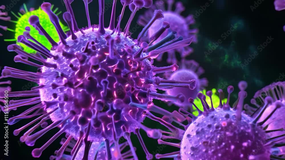 3D animated virus cells floating in a dark environment, glowing with pink and blue light. 4k Video footage. 3D animated virus cells floating in a dark environment, glowing with pink and blue light. 4k Video footage.