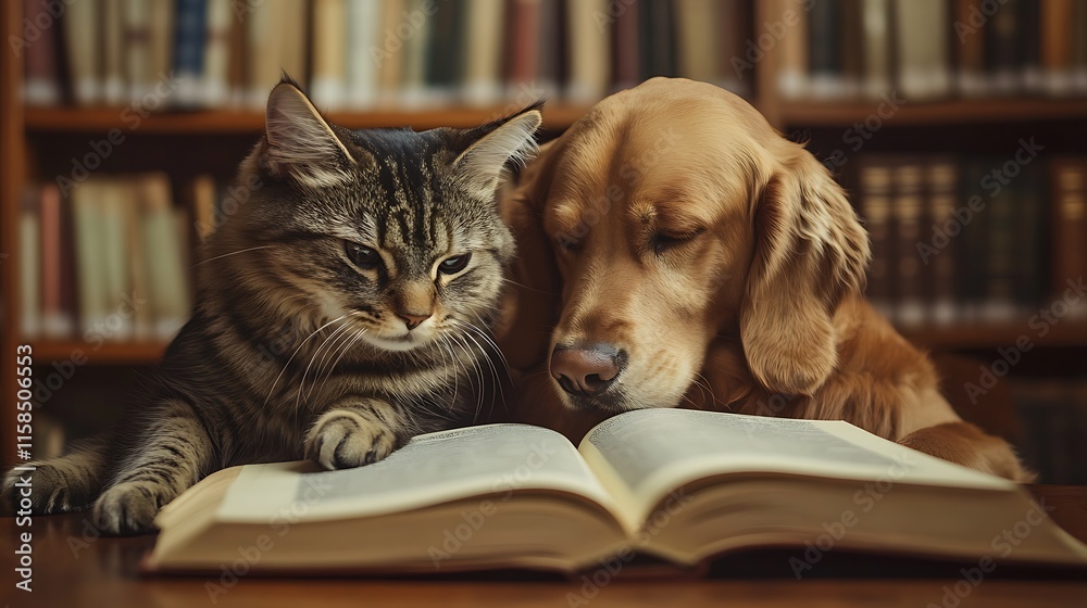 Cat and dog reading a book together in a library. Cat and dog reading a book together in a library.