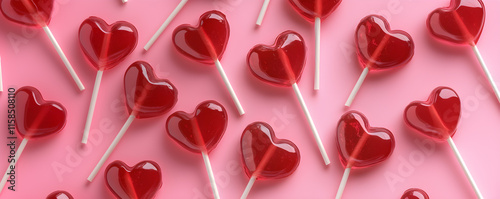 Red hearts shaped lollipops on stick on pink background, flat lay, Valentine's Day concept
