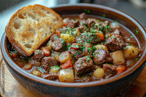 Beef Stew, Hearty Ingredients, Rich Brown Gravy, Wooden Table, Fresh Herbs, Casual Dining Environment, Food Advertising