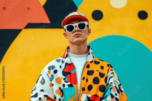 Stylish portrait of a young man wearing colorful streetwear with bold geometric patterns and sunglasses against an abstract background