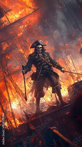 A skeletal pirate captain stands on a burning ship, hook in hand, amidst the chaos. 