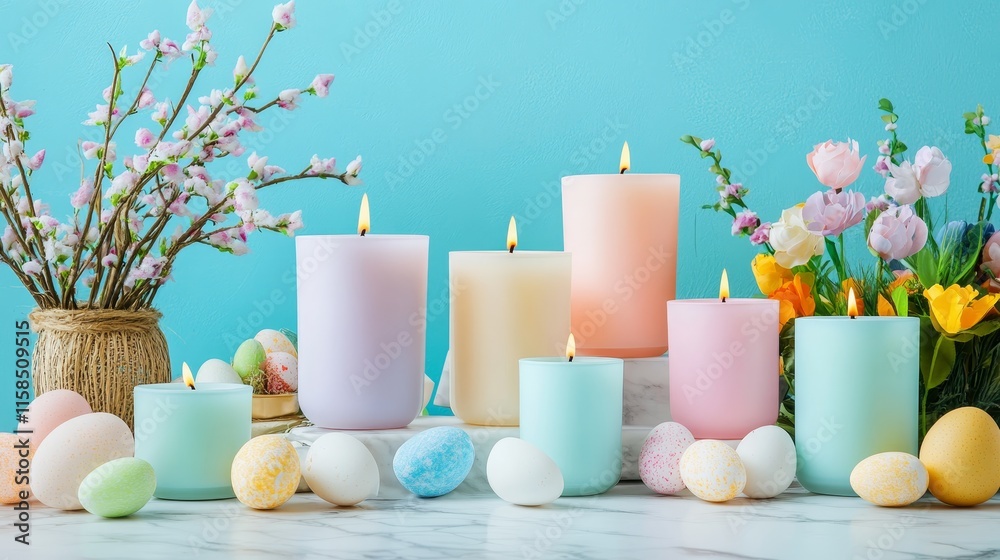 A serene spring scene featuring candle, flower, and decorative egg for festive celebrations. A serene spring scene featuring candle, flower, and decorative egg for festive celebrations.