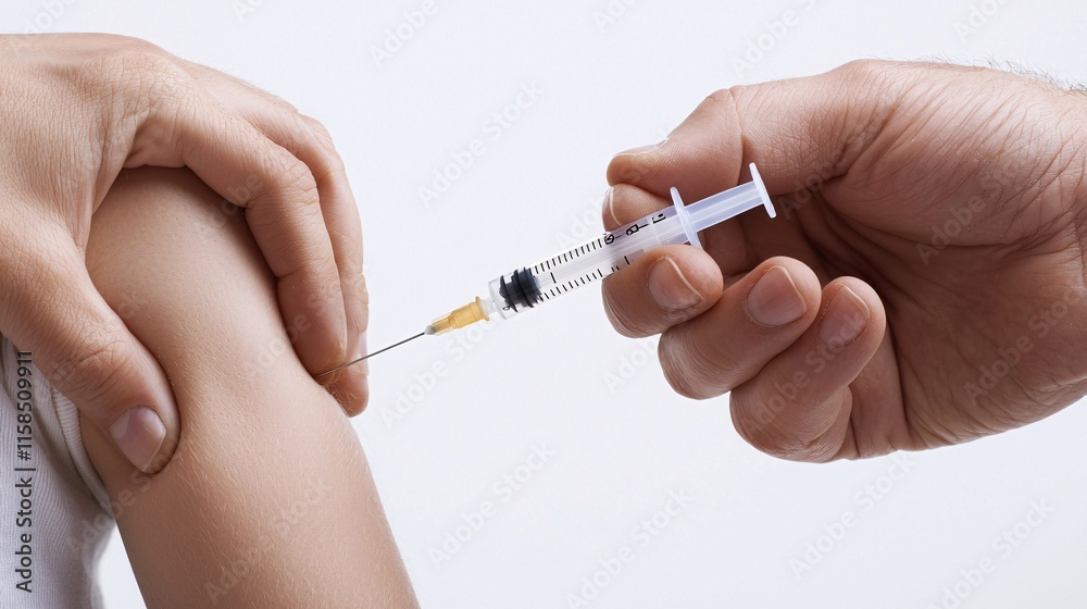 A photostock of a detailed close-up of a vaccine injection being administered A photostock of a detailed close-up of a vaccine injection being administered