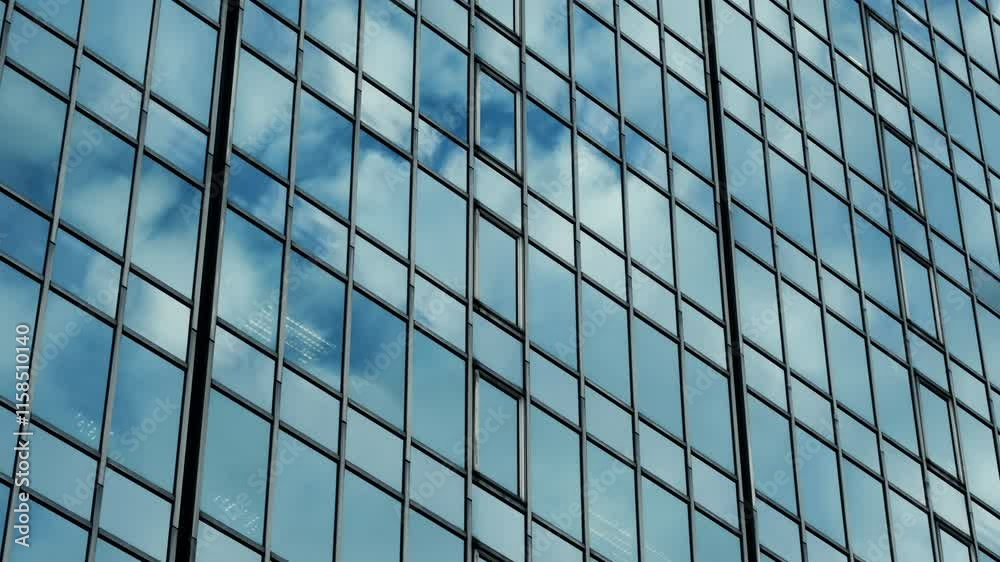 Modern walls are made of glass and steel with reflections of blue sky. Modern walls are made of glass and steel with reflections of blue sky.