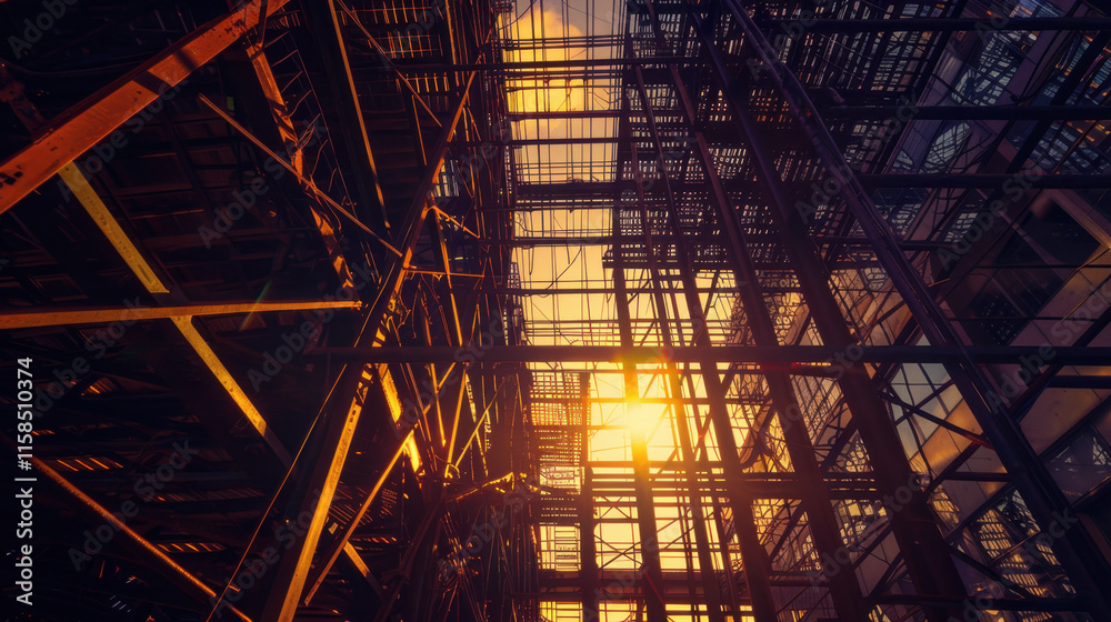 Fototapeta premium Sunset Framed by Steel Building Structure