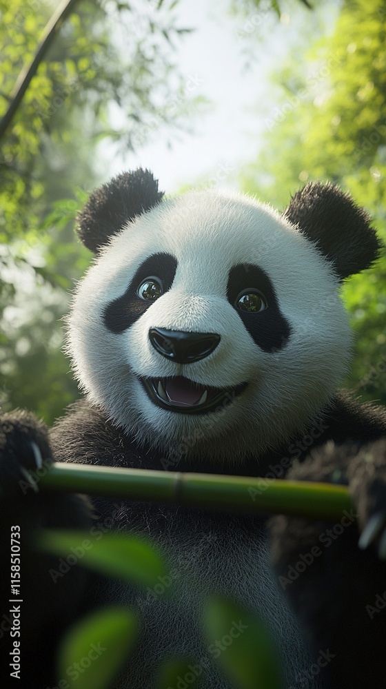 Obraz premium A realistic photo of a panda taking a selfie with a bamboo stick, high-quality camera, with color grading and hyper-realism. 