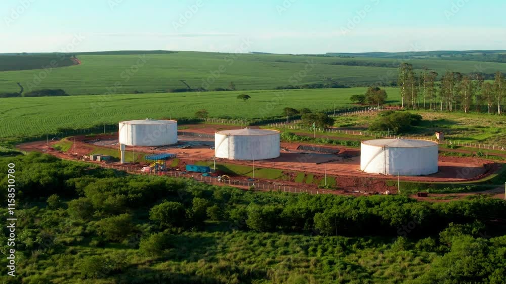 Aerial Dolly In Towards Gas Silos in Middle of Green Field, Daytime Establishing Shot. Aerial Dolly In Towards Gas Silos in Middle of Green Field, Daytime Establishing Shot.