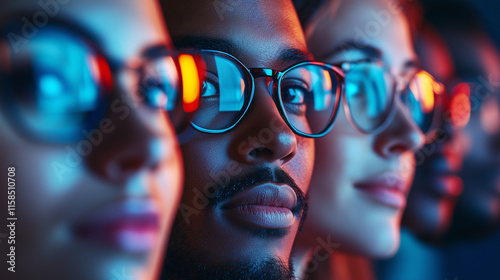 diverse group of modern people's faces，thoughtful expression, surrounded by blurred questionnaires and charts, survey insights,fincial, technology and connection concept photo