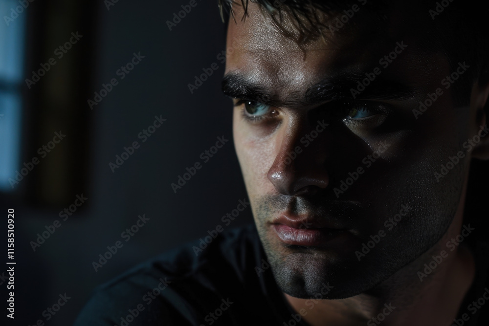 Obraz premium Suspicious Man Staring Intently into Darkness