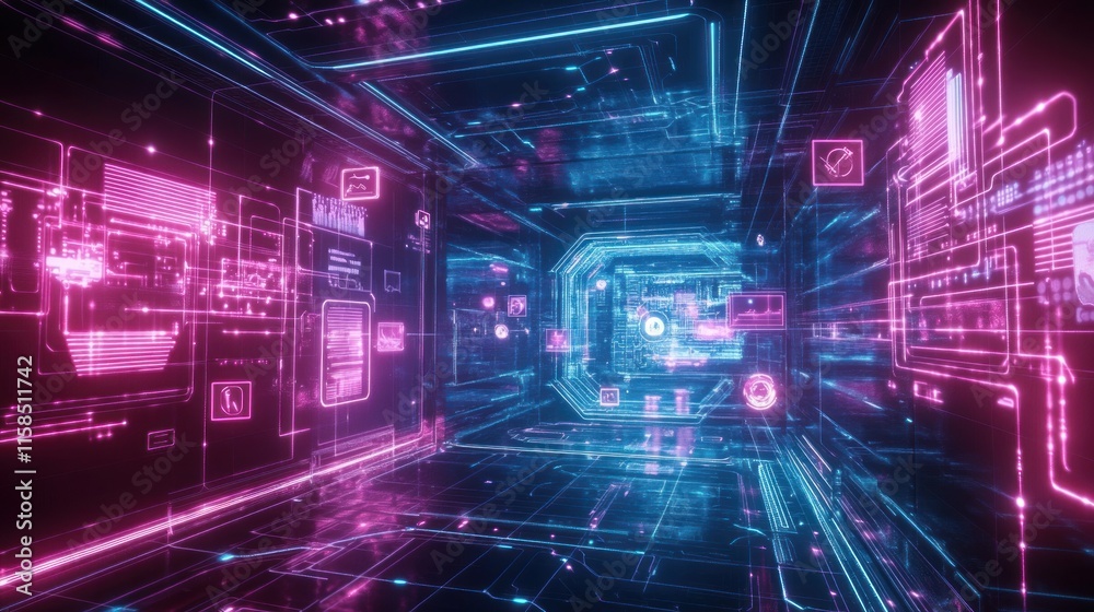 Digital Futuristic Corridor with Neon Lights Digital Futuristic Corridor with Neon Lights