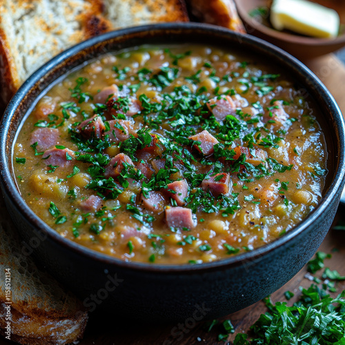 Homemade Creamy Soup with Meat or Vegetables, Garnished with Herbs, on Rustic Wooden Table, for a Comforting Meal Setting
