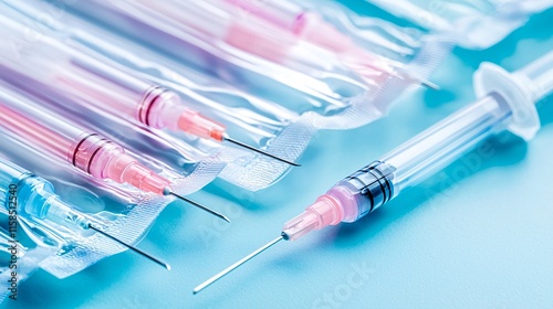 A photostock of a close-up of medical syringes in sterile packaging