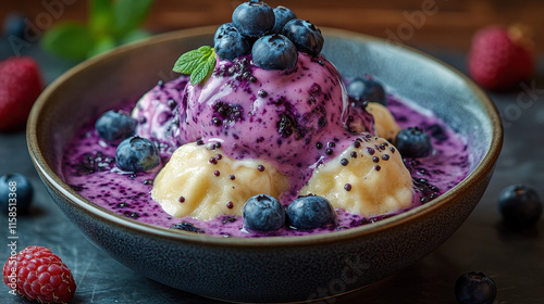Blueberry Cheesecake, Fresh Berries, Caramel Sauce on Wooden Table for Food Photography