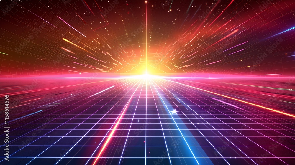Retro Futuristic Grid: A Journey Through Neon Lights and Starry Skies Retro Futuristic Grid: A Journey Through Neon Lights and Starry Skies