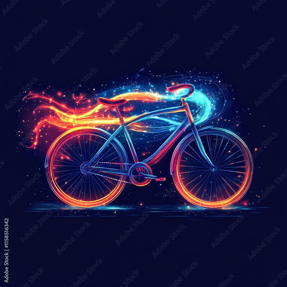 Fototapeta premium A hand-drawn bicycle with glowing streamers flowing behind