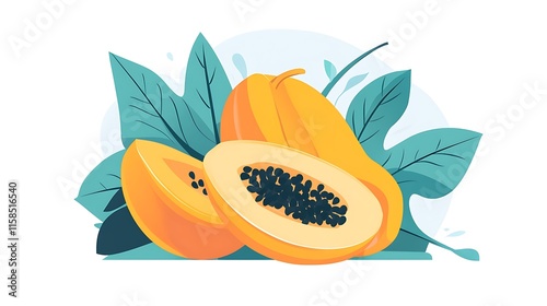 a papaya cut in half with leaves photo