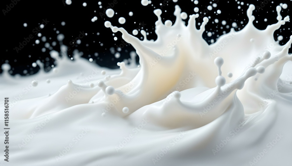 A bold splash of white milk on a black background, illustrating the contrast and energy of the liquid's movement A bold splash of white milk on a black background, illustrating the contrast and energy of the liquid's movement