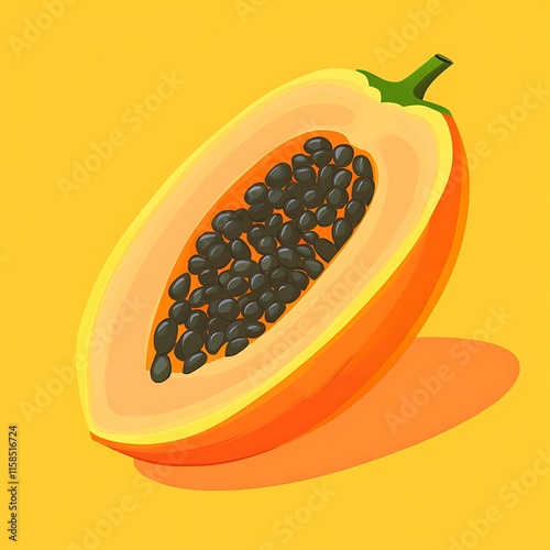 a papaya cut in half with leaves photo