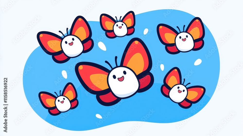 Fototapeta premium Cute Cartoon Butterflies Flying on Blue Background Happy Insects Illustration