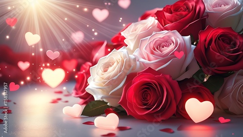 Lush red and white roses in radiant light, glowing hearts floating, soft romantic elegance for Valentine’s
