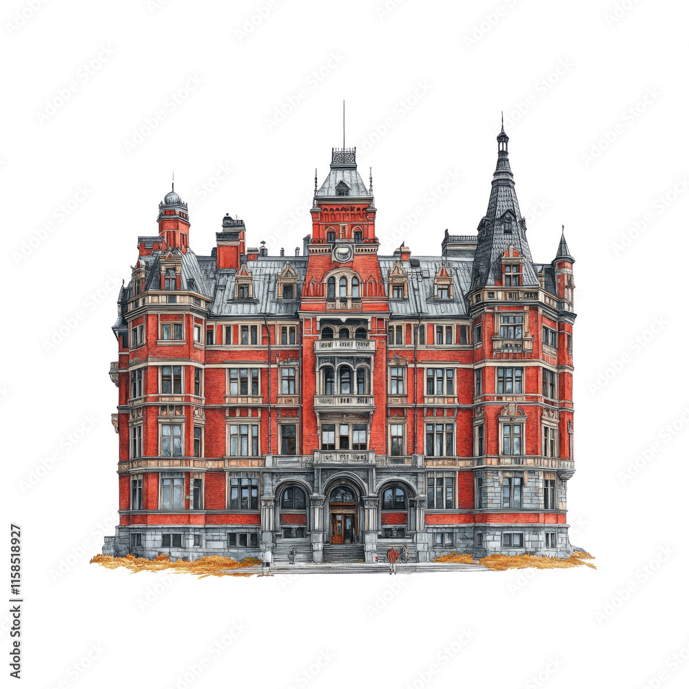 Fototapeta premium Grand Red Brick Mansion Architectural Illustration