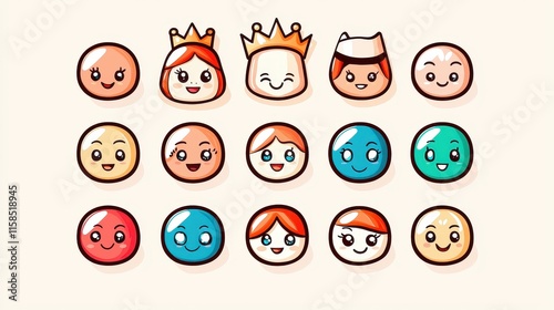 Cute Cartoon Emojis Happy Faces Children s Characters Kawaii Icons