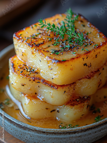 Roasted Potatoes, Golden-Brown and Freshly Garnished, in Rustic Ceramic Bowl, on Wooden Surface, Suggesting a Cozy Home-Cooked Meal