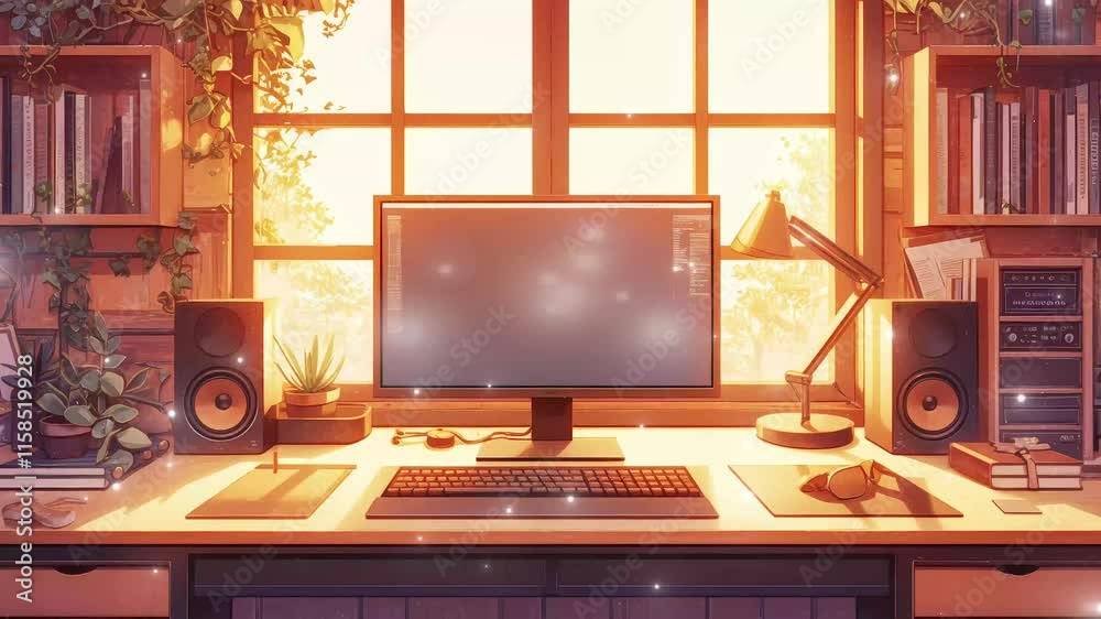 Modern minimalist desk setup blends nature and technology during golden hour glitch stream overlay seamless loop Vtuber streamer asset twitch zoom OBS screen animated wallpaper virtual background