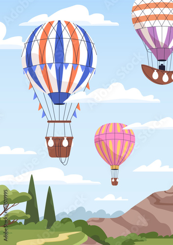 Hot air balloons flying, soaring in sky. Aerostats floating over nature landscape, summer adventure. Aerial transport in flight, card, vertical poster. Flat vector illustration