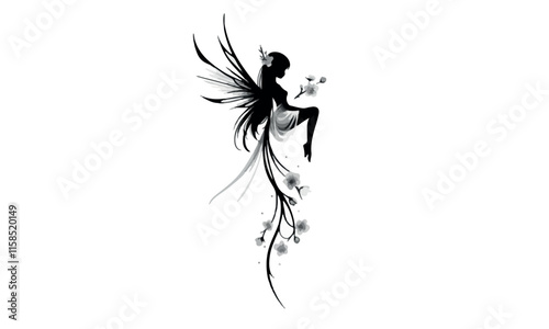 Magical fairy logo. Flying fairy silhouette. Mythical tale character. Little creature with wings