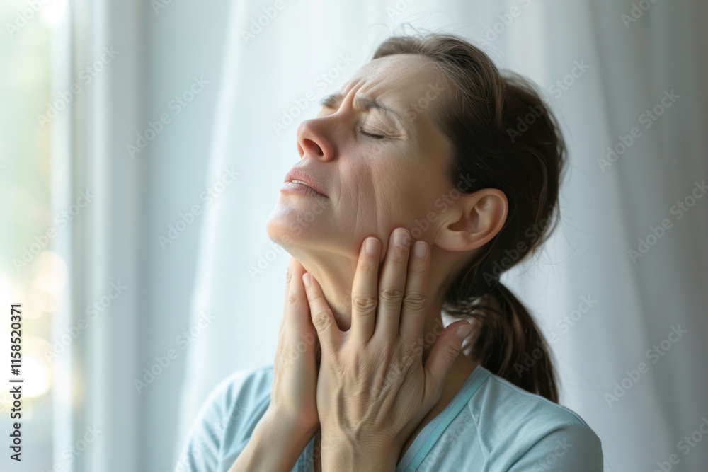 Woman in Discomfort Rubbing Her Neck for Relief Woman in Discomfort Rubbing Her Neck for Relief