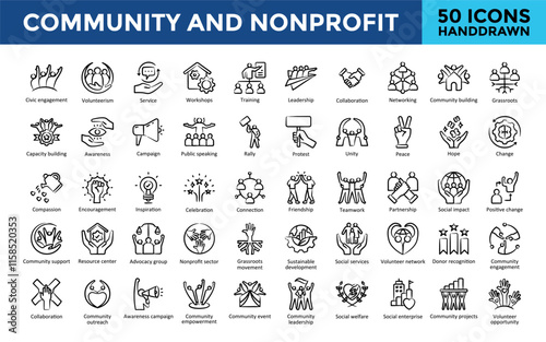 Community and Nonprofit icons set with civic engagement, volunteerism, service, workshops, training, leadership, collaboration, networking, community building icon. Simple handdrawn vector 
