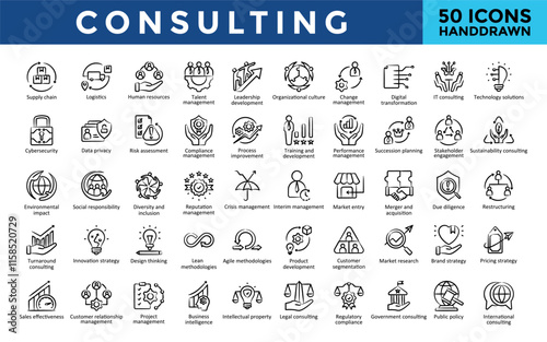 Consulting icons set with supply chain, logistics, human resources, talent management, leadership development, organizational culture, change management icon. Simple handdrawn vector 
