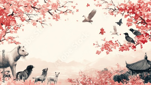 Celebrating chinese new year vibrant illustrations of chinese zodiac animals in a festive background photo