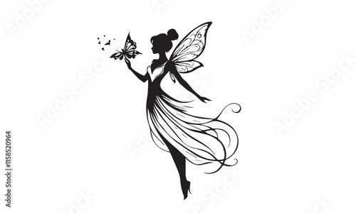 Flying fairy silhouette. Little creature with wings. Magical fairy logo. Mythical tale character in dress