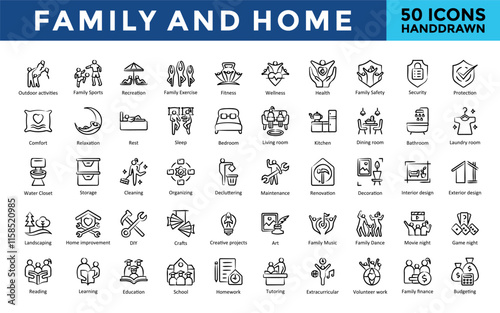 Family and Home icons set with outdoor activities, family sports, recreation, family exercise, fitness, wellness, health, family safety, security, protection icon. Simple handdrawn vector 
