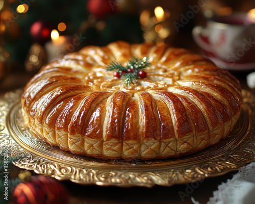 Golden-brown Brioche or Challah Cake, Close-up with Swirl Icing, on Christmas Table with Decorative Elements, for Festive Dinners and Holiday Advertisements