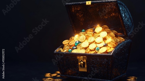 Wealth gold concept. A treasure chest overflowing with gold coins and gemstones, symbolizing wealth and fortune.