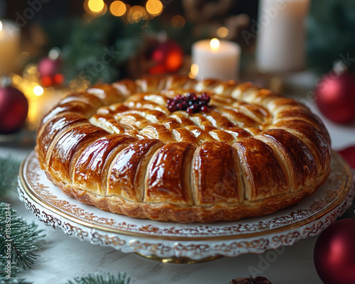 Baklava, Gold Cake Stand, Christmas Decorations on Table Top for Food and Celebration